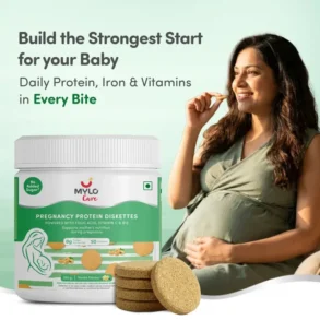Pregnant woman in a green dress enjoys a Mylo Care pregnancy protein diskette. Product promises nutrients for baby’s strong start. Package shown.