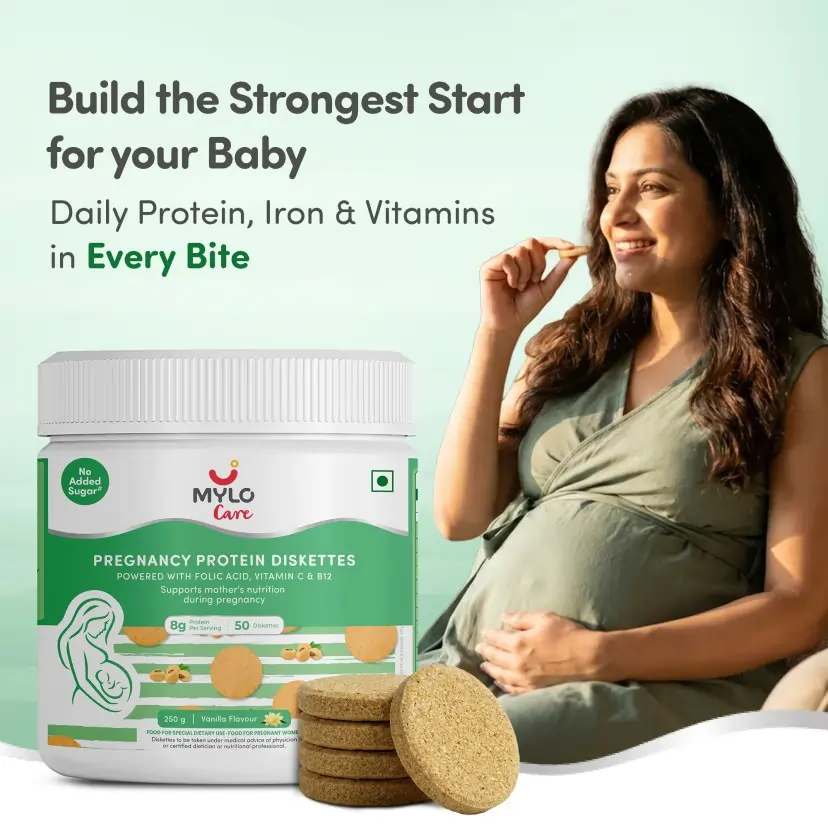 Pregnant woman in a green dress enjoys a Mylo Care pregnancy protein diskette. Product promises nutrients for baby’s strong start. Package shown.