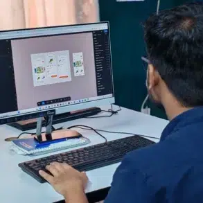 A person wearing glasses is focused on designing a mobile app interface on a computer monitor. The desk is cluttered with a keypad and tech accessories.
