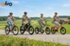 Four people ride electric bicycles on a rural path, smiling against a green countryside backdrop under a clear blue sky. The logo "QLife" is visible.