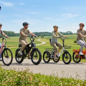 Four people ride electric bicycles on a rural path, smiling against a green countryside backdrop under a clear blue sky. The logo "QLife" is visible.