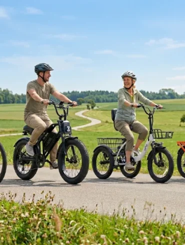 Four people ride electric bicycles on a rural path, smiling against a green countryside backdrop under a clear blue sky. The logo "QLife" is visible.