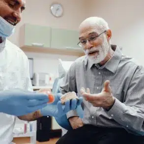 A dentist in gloves and mask shows a dental model to an elderly man in plaid shirt, sharing a lighthearted moment in a dental office setting.