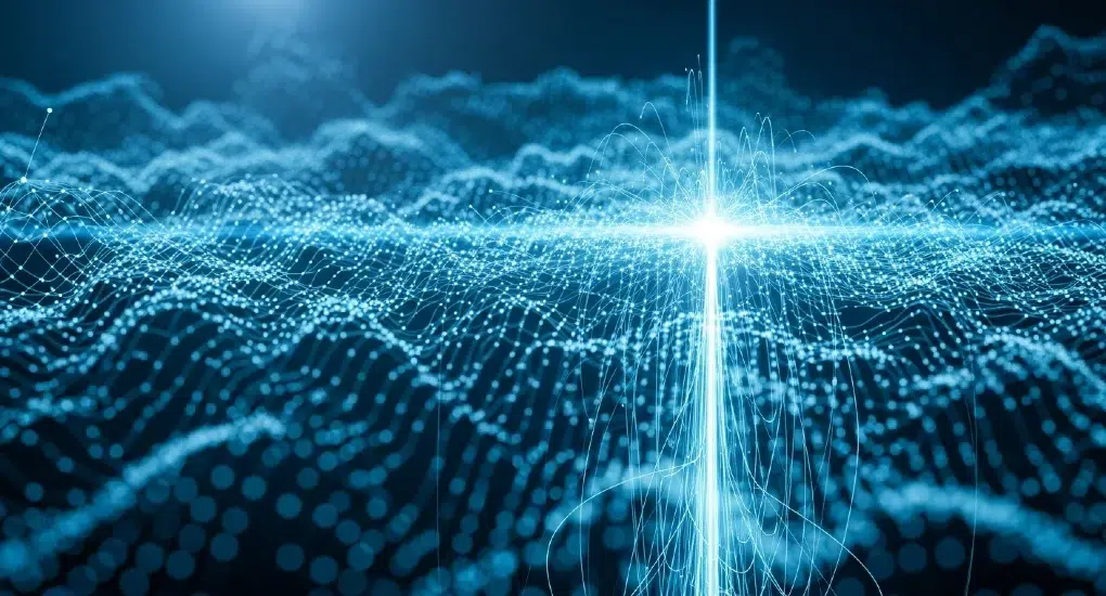 Abstract image of interconnected glowing blue dots forming wave-like patterns, converging into a bright light at the center, conveying a futuristic and technological feel.