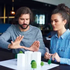 A man and woman are focused on a white architectural model with trees on a table. The man gestures while discussing the model. The setting is modern and collaborative.