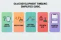A five-stage simplified game development timeline showing Idea & Concept, Prototyping, Building Art & Audio, Testing & QA, and Launch & Support.