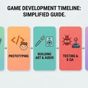 A five-stage simplified game development timeline showing Idea & Concept, Prototyping, Building Art & Audio, Testing & QA, and Launch & Support.