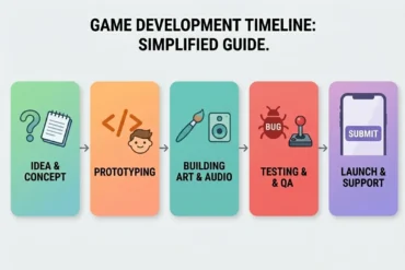 A five-stage simplified game development timeline showing Idea & Concept, Prototyping, Building Art & Audio, Testing & QA, and Launch & Support.