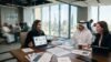 Business meeting with professionals reviewing recruitment analytics and resumes in a modern office overlooking Riyadh cityscape.