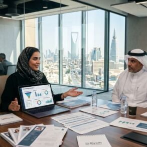 Business meeting with professionals reviewing recruitment analytics and resumes in a modern office overlooking Riyadh cityscape.