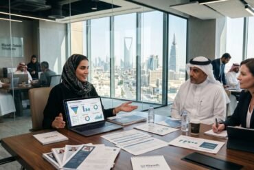 Business meeting with professionals reviewing recruitment analytics and resumes in a modern office overlooking Riyadh cityscape.