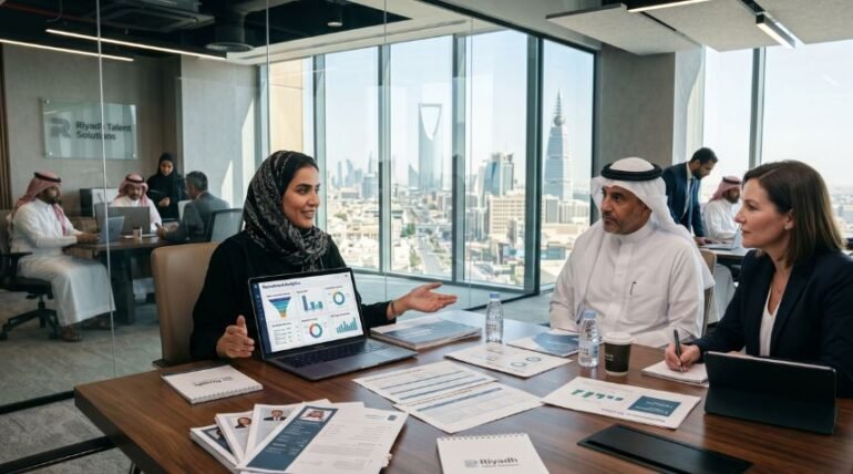 Business meeting with professionals reviewing recruitment analytics and resumes in a modern office overlooking Riyadh cityscape.