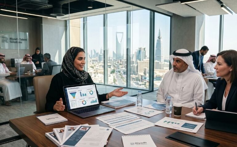 Business meeting with professionals reviewing recruitment analytics and resumes in a modern office overlooking Riyadh cityscape.