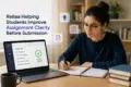Young woman with glasses studies at a desk, using a laptop displaying a "Clarity Check" with 92% score. Icons suggest ideas and writing tools.