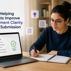 Young woman with glasses studies at a desk, using a laptop displaying a "Clarity Check" with 92% score. Icons suggest ideas and writing tools.