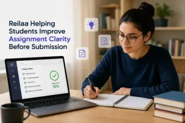 Young woman with glasses studies at a desk, using a laptop displaying a "Clarity Check" with 92% score. Icons suggest ideas and writing tools.