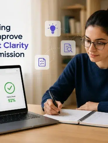 Young woman with glasses studies at a desk, using a laptop displaying a "Clarity Check" with 92% score. Icons suggest ideas and writing tools.