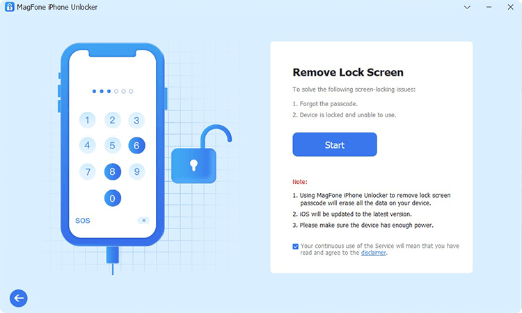 A digital interface showing MagFone iPhone Unlocker with a smartphone illustration featuring a numeric keypad and an unlocked padlock icon. A "Remove Lock Screen" section with instructions and a blue "Start" button is on the right.