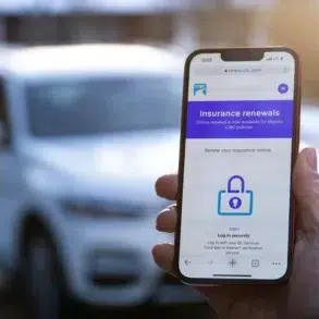 A hand holds a smartphone displaying an "Insurance renewals" webpage with a lock icon. A car is blurred in the background, suggesting online convenience.