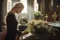 A woman in black stands solemnly at a casket adorned with white roses in a softly lit church. The mood is reflective and somber.