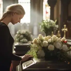 A woman in black stands solemnly at a casket adorned with white roses in a softly lit church. The mood is reflective and somber.