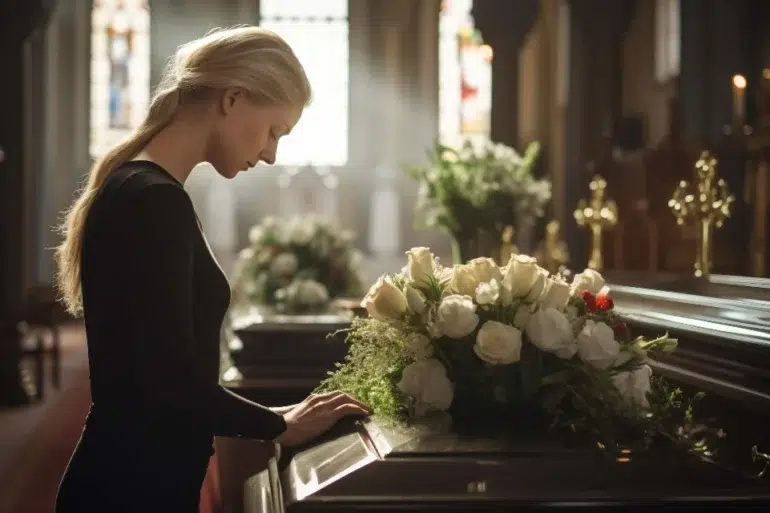 A woman in black stands solemnly at a casket adorned with white roses in a softly lit church. The mood is reflective and somber.