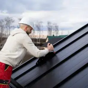 A worker in a white hard hat and red pants installs solar panels on a metal roof. Overcast sky and trees in the background; focused and industrious mood.