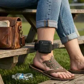 A person wearing jeans and sandals sits on a wooden bench in a park, with an ankle monitor visible. A leather bag rests nearby. The mood is casual.