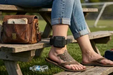 A person wearing jeans and sandals sits on a wooden bench in a park, with an ankle monitor visible. A leather bag rests nearby. The mood is casual.