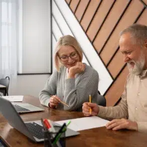 Older man and woman sit at a wooden table with laptops, smiling and collaborating over a drawing. The room has geometric wood paneling.