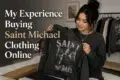Person holding a Saint Michael sweatshirt, with text "My Experience Buying Saint Michael Clothing Online" beside them.