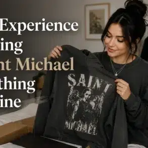 Person holding a Saint Michael sweatshirt, with text "My Experience Buying Saint Michael Clothing Online" beside them.