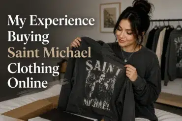 Person holding a Saint Michael sweatshirt, with text "My Experience Buying Saint Michael Clothing Online" beside them.