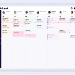 Salonist appointment scheduling interface showing a daily calendar with staff names, service types, and client bookings for multiple professionals.