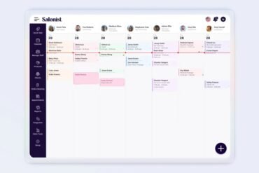 Salonist appointment scheduling interface showing a daily calendar with staff names, service types, and client bookings for multiple professionals.