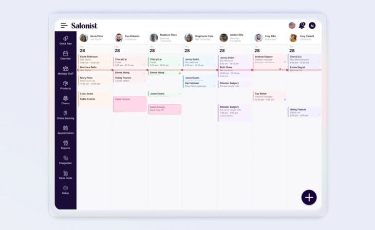Salonist appointment scheduling interface showing a daily calendar with staff names, service types, and client bookings for multiple professionals.
