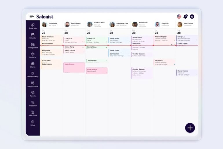 Salonist appointment scheduling interface showing a daily calendar with staff names, service types, and client bookings for multiple professionals.