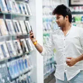 Man in a white shirt looking at a smartphone in a store aisle filled with various electronic gadgets and accessories.