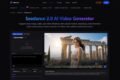Webpage interface for Seedance 2.0 AI Video Generator featuring a section to upload media and a sample image of a woman in front of ancient ruins. The interface includes tools for video generation with a sleek, dark-themed design, conveying a sense of modernity and creativity.