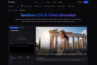 Webpage interface for Seedance 2.0 AI Video Generator featuring a section to upload media and a sample image of a woman in front of ancient ruins. The interface includes tools for video generation with a sleek, dark-themed design, conveying a sense of modernity and creativity.