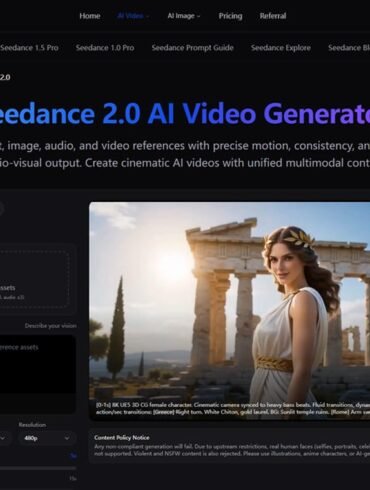 Webpage interface for Seedance 2.0 AI Video Generator featuring a section to upload media and a sample image of a woman in front of ancient ruins. The interface includes tools for video generation with a sleek, dark-themed design, conveying a sense of modernity and creativity.