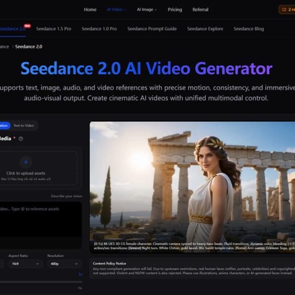 Webpage interface for Seedance 2.0 AI Video Generator featuring a section to upload media and a sample image of a woman in front of ancient ruins. The interface includes tools for video generation with a sleek, dark-themed design, conveying a sense of modernity and creativity.