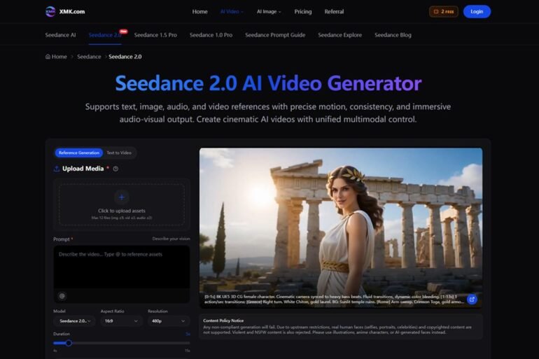 Webpage interface for Seedance 2.0 AI Video Generator featuring a section to upload media and a sample image of a woman in front of ancient ruins. The interface includes tools for video generation with a sleek, dark-themed design, conveying a sense of modernity and creativity.