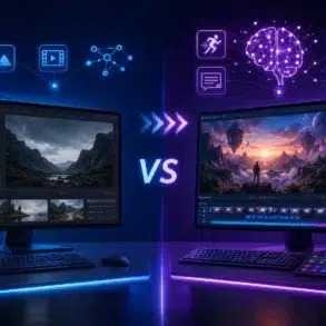 Two glowing computers display video editing software, one with a mountain landscape and the other with a fantasy scene, symbolizing a comparison between traditional and AI-assisted editing.