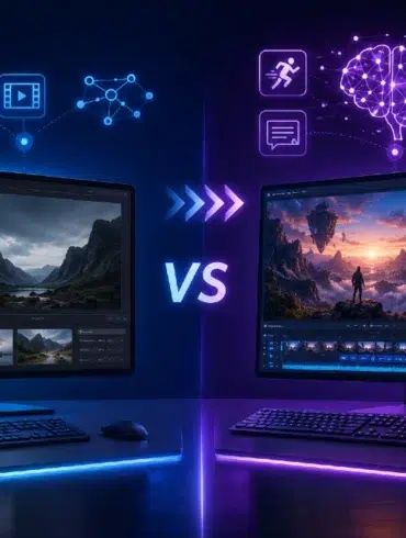 Two glowing computers display video editing software, one with a mountain landscape and the other with a fantasy scene, symbolizing a comparison between traditional and AI-assisted editing.