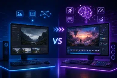 Two glowing computers display video editing software, one with a mountain landscape and the other with a fantasy scene, symbolizing a comparison between traditional and AI-assisted editing.