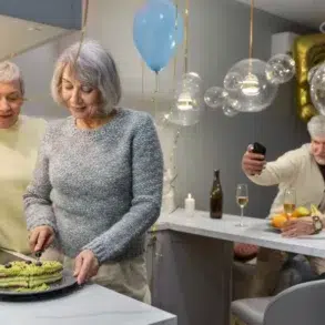 Two senior women cut a cake in a kitchen decorated with balloons and modern lights, while two senior men take a selfie in the background.