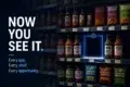 Supermarket shelf with a highlighted empty spot among sauces and snacks, emphasizing gaps as opportunities for product placement.