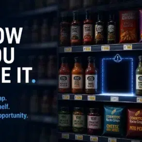 Supermarket shelf with a highlighted empty spot among sauces and snacks, emphasizing gaps as opportunities for product placement.