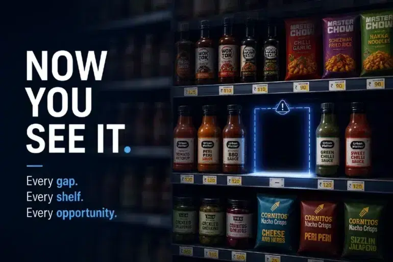 Supermarket shelf with a highlighted empty spot among sauces and snacks, emphasizing gaps as opportunities for product placement.